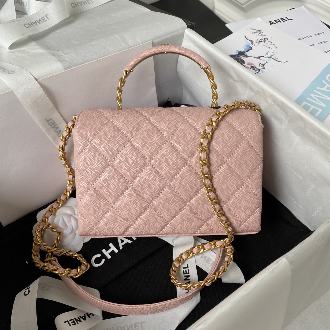 Top Handle Mini Grained Calfskin Flap Chain Handbag Shoulder Bag AS3982 Pink